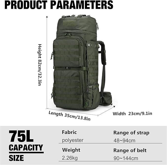 Mardingtop 75L Molle Hiking Internal Frame Backpacks with Rain Cover for Camping,Backpacking,Travelling(Ranger Green)