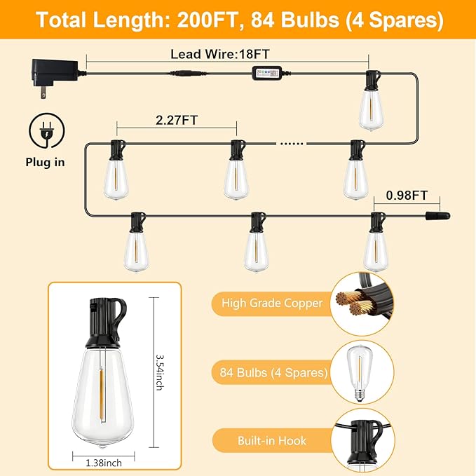 LumBelle Smart Outdoor String Lights, 200FT ST38 LED Patio Lights with Timer Remote APP Control, 84 Shatterproof LED Bulbs (4 Spare), Dimmable Waterproof Hanging Light for Backyard Porch Party Decor