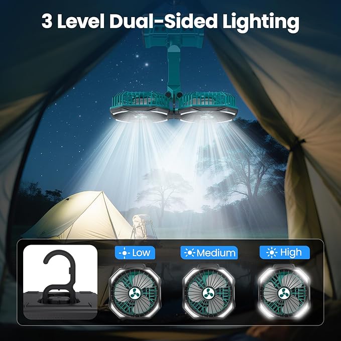 Dual Head Portable Rechargeable Fan 20000mAh Battery Powered Fan Camping Cordless with 360° Air Delivery, LED Lantern & Remote, Auto Oscillation, Battery Operated for Tent Office Travel Picnic Jobsite