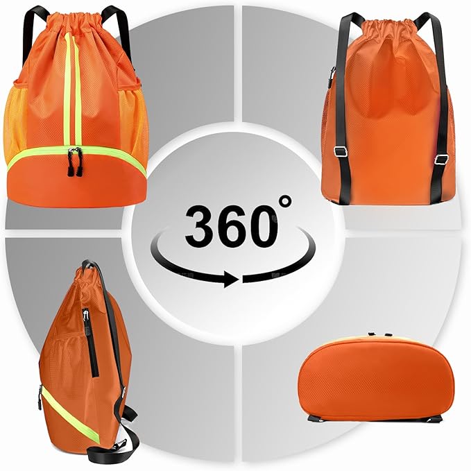 Hoedia Sports Drawstring Backpack - String Swim Gym Bag with Shoes Compartment and Wet Proof Pocket for Women&Men