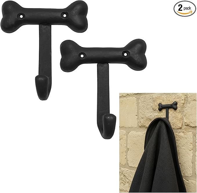 Mystic Colonial Medieval Cast Iron Bone-Shaped Wall Hook (Set of 2) | (3 in x 4 in) Rustic Gothic Decorative Hooks with Black Finish for Coats, Hats, Keys, Towels & Bags