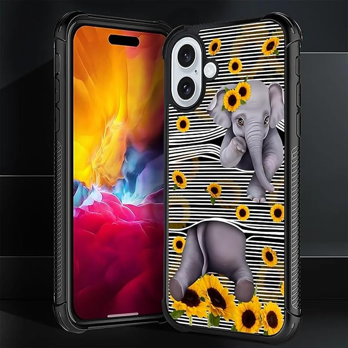 for iPhone 16 Case, Cute Little Elephant Sunflower White Line Art Pattern Graphic Design Girl Boy Soft Silicone Hard Acrylic Shock Protection for iPhone 16