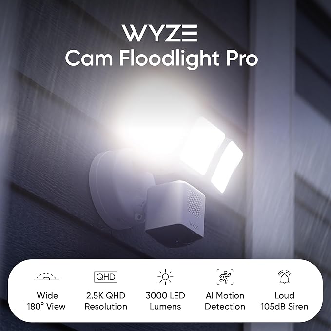 WYZE Floodlight Camera Pro, PCMag Editors' Choice 3000-Lumen LEDs, 2.5K HD Outdoor Security Camera, 180° Wide View, Motion Detection, Color Night Vision, Works with Alexa & Google, Free Expert Setup