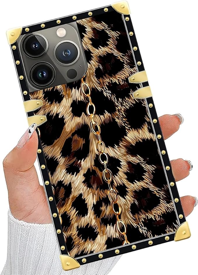 Compatible with iPhone 13 Pro Case, Seamless Gold Chain Leopard Luxury Golden Decoration for Girl Women Soft TPU Shockproof Protective Hard PC Back for iPhone 13 Pro