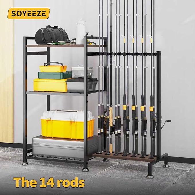 SOYEEZE Fishing Rod Holder for 14 Rods, Ground Stand Fishing Pole Holders for Garage, 2-Sided Vertical Fish Rod Rack for Tackle Box, Fishing Supplies,a Display Fish Gear Storage Gift for Man