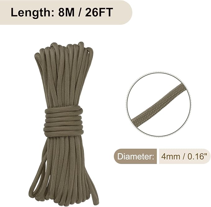 550 Paracord Rope 26ft, 4mm Thin Paracord Nylon Cord 7-Strand Core [for Tent Camping Outdoor Gear] - Dark Brown