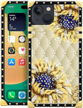 Compatible with iPhone 14 Case, Sunflower Diamonds Leather Luxury Golden Decoration for Girl Women Soft TPU Shockproof Protective Hard PC Back for iPhone 14