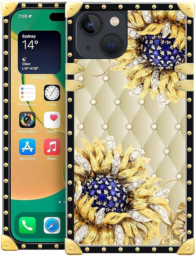 Compatible with iPhone 14 Case, Sunflower Diamonds Leather Luxury Golden Decoration for Girl Women Soft TPU Shockproof Protective Hard PC Back for iPhone 14