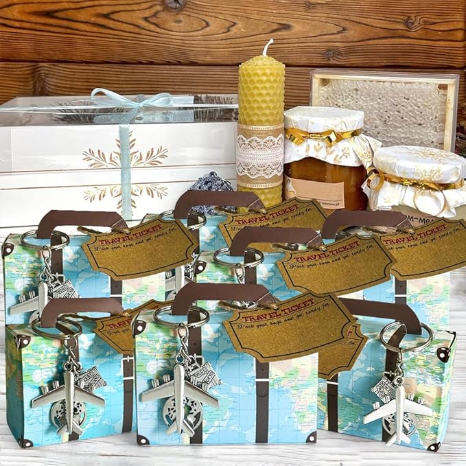 50 Set World Map Mini Suitcase Favor Boxes Party Favor Candy Box with Airplane Keychains Travel Ticket and Burlap Twine for Travel Themed Party, Bridal Shower, Wedding Decorations