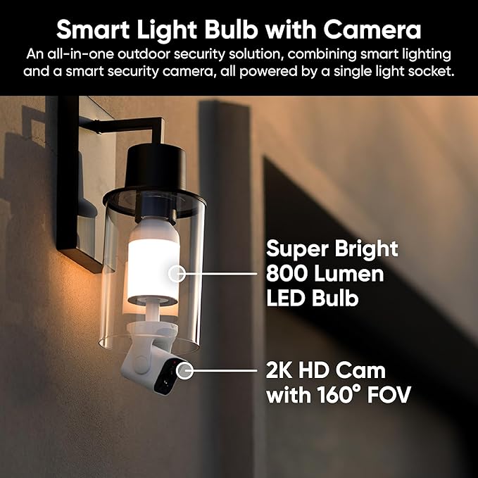 WYZE Bulb Cam Security Camera, 2K HD Outdoor Light Bulb Camera, Color Night Vision, Dimmable LED Bulb, Motion Detection, Siren Alarm, Works w/Alexa/Google Assistant. Free Expert Support (Renewed)