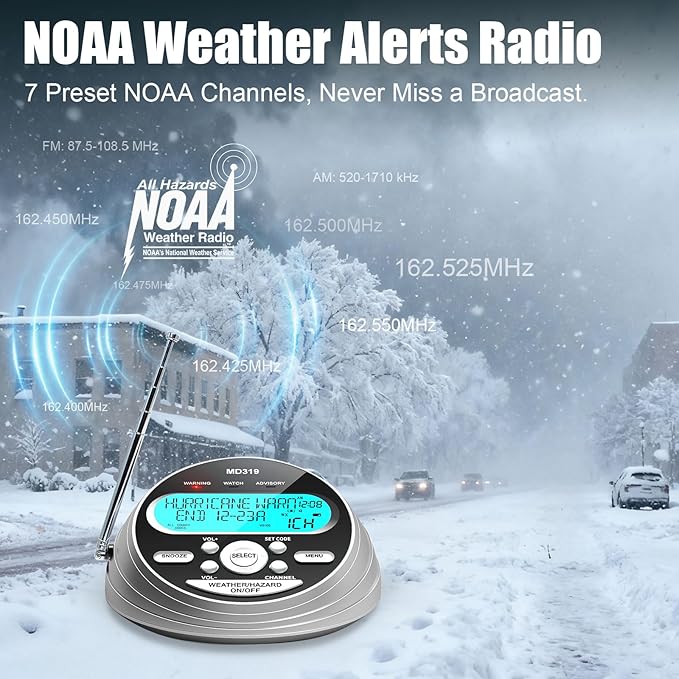 NOAA Weather Radio-S.A.M.E. Localized Programming,Weather Alert Radio with 80+ Emergency Alerts,Alarm Clock,NOAA Weather Radio with Battery Backup,External Warning Light for Emergency