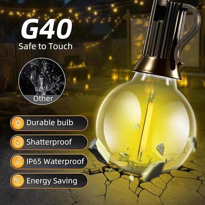 Solar Lights Outdoor Waterproof: G40 10M 33FT Shatterproof Bulbs Patio Lights - Solar Powered 3 Light Modes Solar Light - Camping Backyard Garden Deck Outside Yard