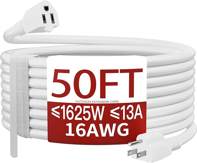 Skrizcable 16/3 50 FT Outdoor Extension Cord Waterproof, Weatherproof & Flame Retardant White 3 Prong Power Cord Outside for Lawn & Garden, 13 Amps 1625 Watts 125 VAC 16AWG SJTW, ETL Listed