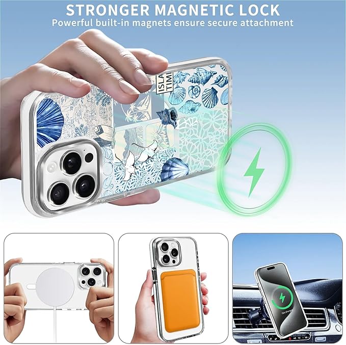 Case for iPhone 14 Pro,[Compatible with MagSafe],Sea Life Ocean Waves Seashell Collage Phone Case Design，for Women Girls Magnetic Clear Cover - Slim, Sleek, & Shockproof Protection