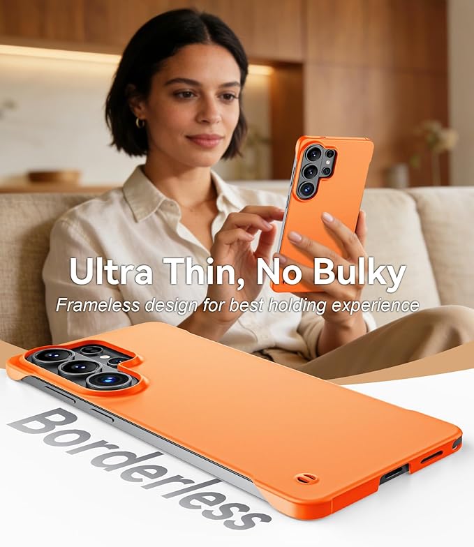 GRECAZO Slim Borderless for Samsung Galaxy S26 Phone Case 6.3"(2026) Ultra-Thin Lightweight Frameless Matte Hard PC Cover Case with Pull Ring Minimalist Non Slip Rope-Orange