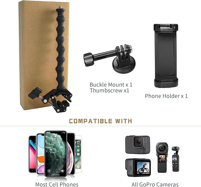 Gooseneck Phone Clamp Mount with Super Clamp - 360° Adjustable Phone Stand Compatible with iPhone 16-6, 360 Action Camera & 0.7-2" Devices for Desk/Outdoor/Video Creation