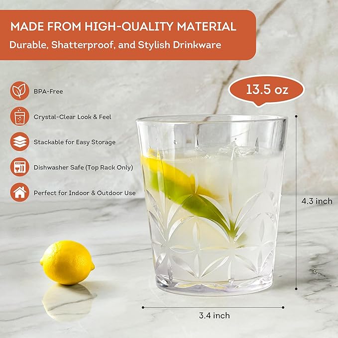 Lily's Home Unbreakable Premium Drinking Glasses Set of 4, Plastic Cups, Reusable Drinkware, Tumblers Water Cups, Shatterproof & Stackable, Indoor & Outdoor, 3.5in×3.9in, 13.5oz. Made in Taiwan.