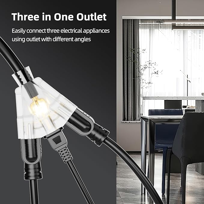 15 FT Outdoor Extension Cord with Multiple Outlets, 12 Gauge Heavy Duty Black Extension Cord Waterproof with 3 Outlet, 3 Prong Power Cord for Garden and Home Use Indicator Light, ETL Listed