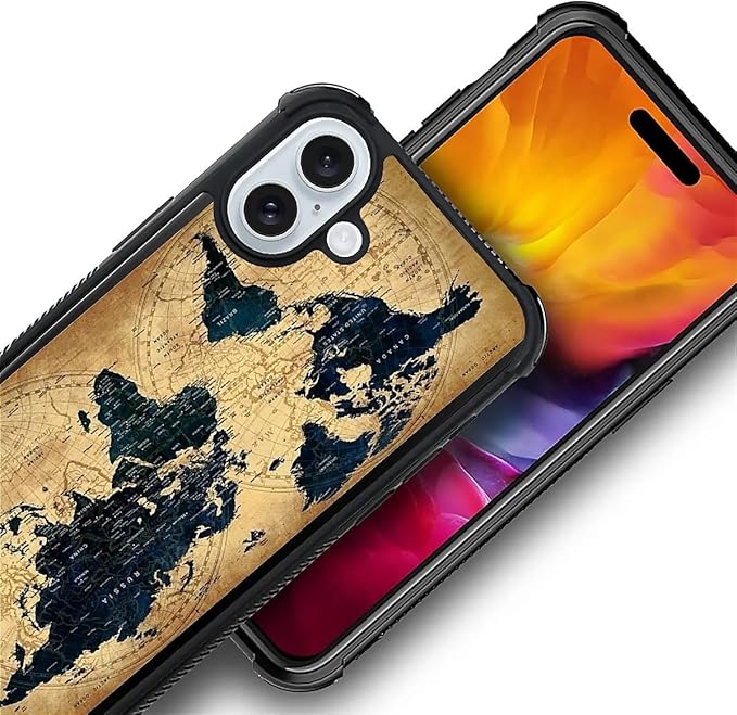 for iPhone 16 Plus Case, Brown World Map Pattern Graphic Design Girl Boy Soft Silicone Hard Acrylic Shock Protection for iPhone 16 Plus