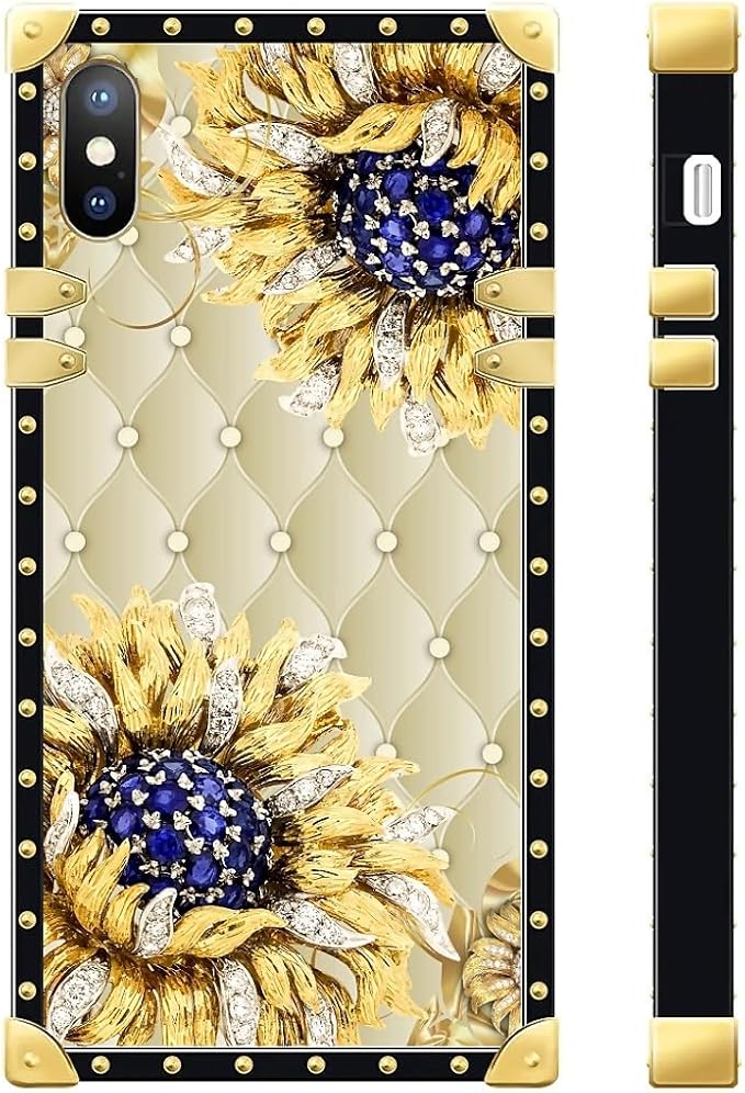 Compatible with iPhone Xs Max Case, Sunflower Diamonds Leather Luxury Golden Decoration for Girl Women Soft TPU Shockproof Protective Hard PC Back for iPhone Xs Max