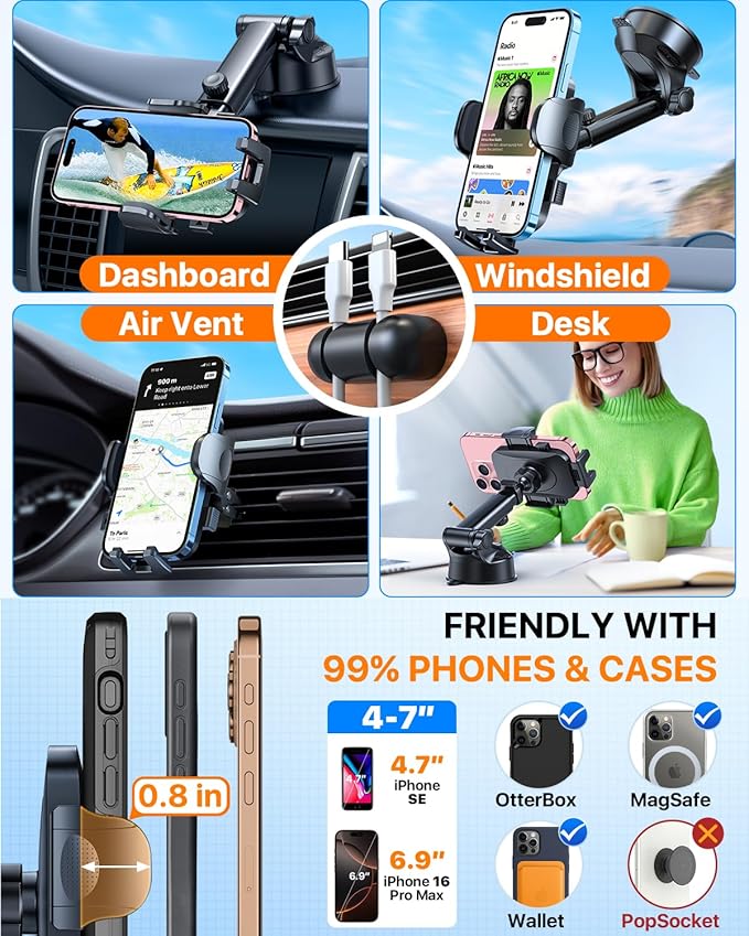 HTU 2026 Ultimate Best【True Military-Grade & Safety Cert】Car Phone Holder【Upgraded 360 Rotation & 100+LBS Strongest Suction】5-in-1 Truck Windshield Dashboard Vent Mount Stand for iPhone Android, Pink