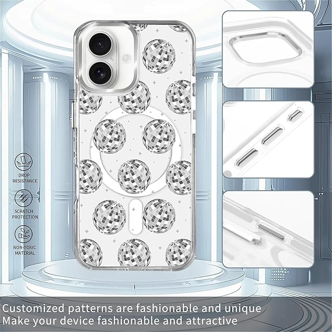 Case for iPhone 16 Plus,[Compatible with MagSafe],Disco Ball Grayish White Phone Case Design，for Women Girls Magnetic Clear Cover - Slim, Sleek, & Shockproof Protection