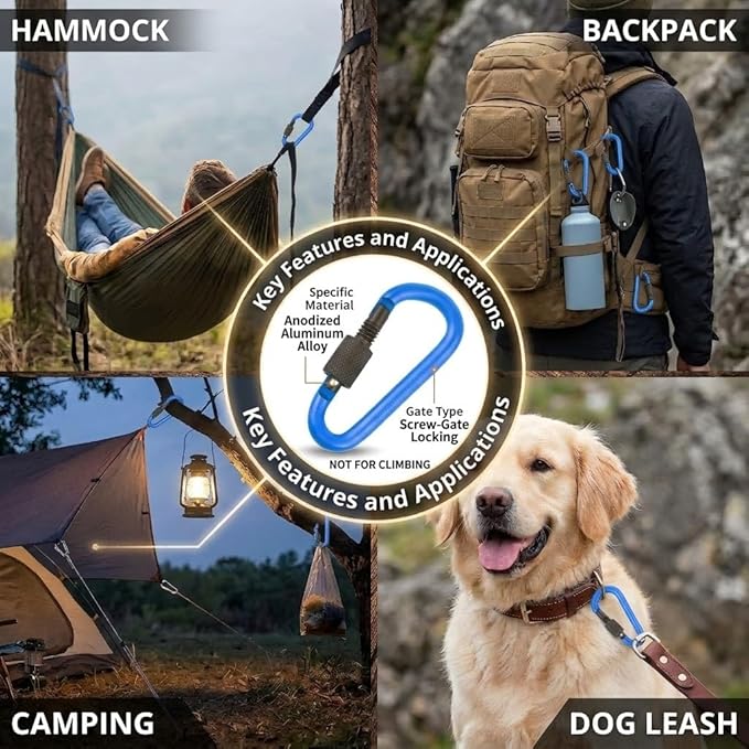 10 Pack Aluminum D Ring Key Rings Hiking Clips Locking Carabiner for Hiking Camping Fishing and Outdoor Use，Clips with Screw Gate Multicolored