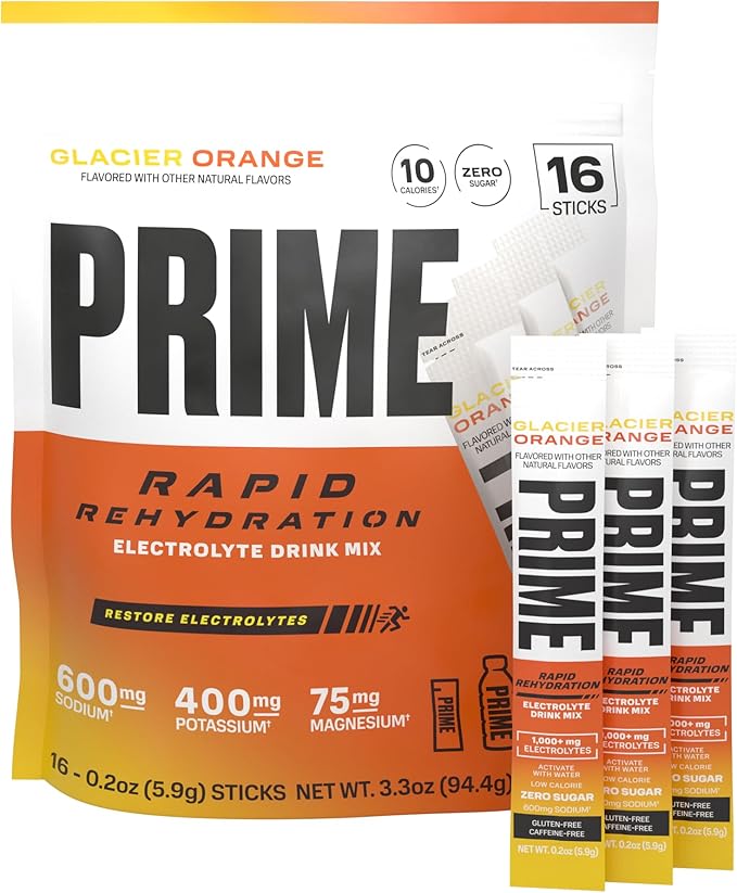 PRIME Rapid Rehydration Electrolyte Powder Sticks, Glacier Orange, Sugar Free Hydration Drink Mix with Sodium, Potassium, Magnesium & B Vitamins to Replenish Fluids, Caffeine Free, 16 Count
