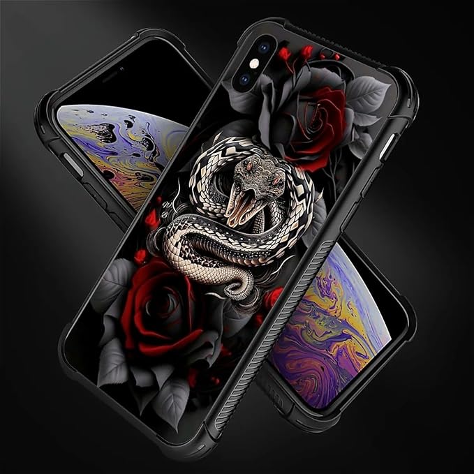 for iPhone Xs Max Case, Entwined Rose Snake Pattern Graphic Design Girl Boy Soft Silicone Hard Acrylic Shock Protection for iPhone Xs Max