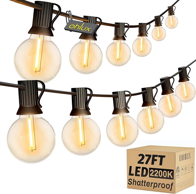 OHLUX Outdoor String Lights, 27FT LED Patio Lights with 13 Dimmable Plastic G40 Globe Bulbs(1 Spare), 2200K Waterproof Connectable Hanging Lights for Backyard Porch Cafe Party Decor E12 Socket Base