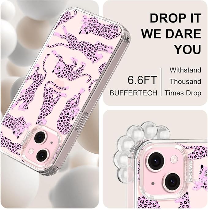 MOSNOVO Case for iPhone 15, [Buffertech 6.6ft Military-Grade Drop Protection] [Anti Peel Off Tech] Clear TPU Bumper Phone Case Cover Design - Pink Leopard