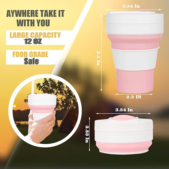 12 OZ Collapsible Travel Cup with Lid, Silicone Foldable Drinking Cup for Camping Hiking,Portable Silicone Water Bottle for Hot and Cold Beverages with Straw- Pink & White
