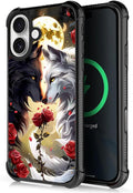 for iPhone 17 Case,for MagSafe Graphic Design for Girl Boy Soft Silicone Hard Acrylic Shock Protection Designed for iPhone 17 Black White Wolf Moon Flower Rose Pattern