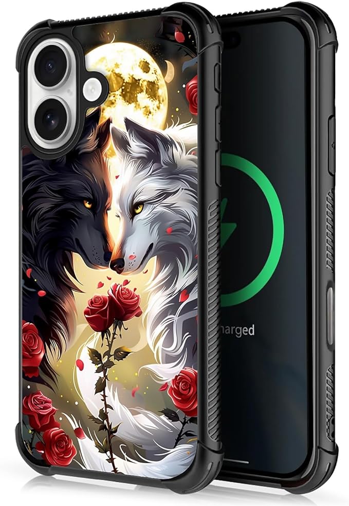 for iPhone 17 Case,for MagSafe Graphic Design for Girl Boy Soft Silicone Hard Acrylic Shock Protection Designed for iPhone 17 Black White Wolf Moon Flower Rose Pattern