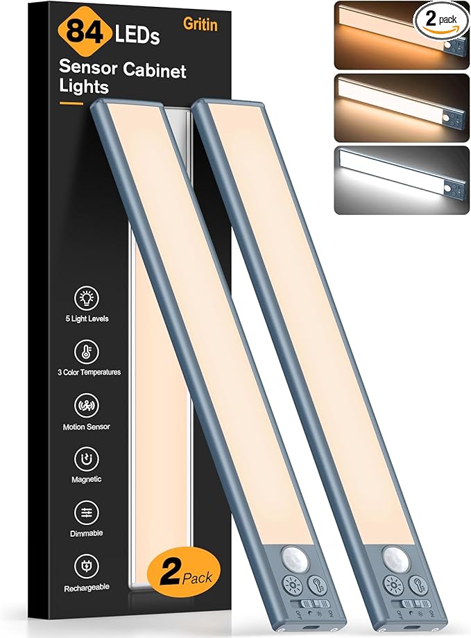 Gritin 10.2inch Under Cabinet Lighting Rechargeable 2 Pack- 3 Color Temps&5 Level Brightness, Super Bright, 4 Modes, Motion Sensor, Long Lasting-Easy Installation Magnetic Under Closet Lights-Sea Blue