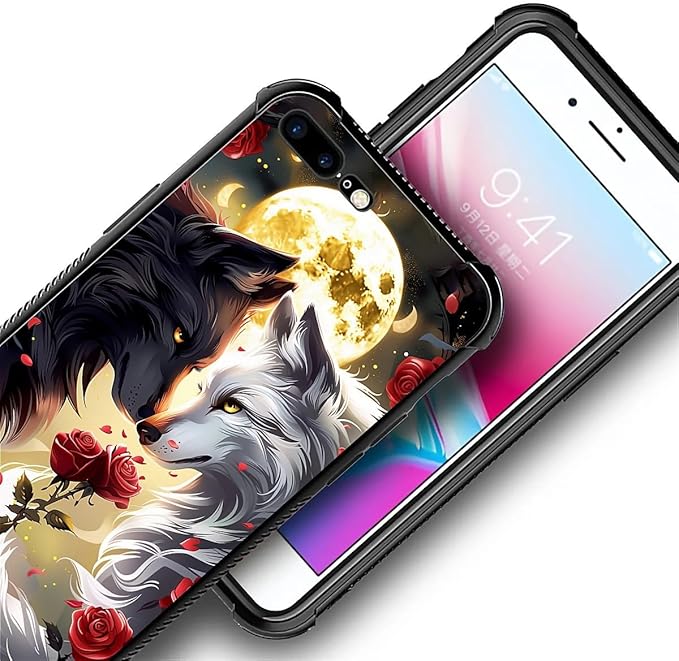 Case for iPhone 7 Plus/8 Plus, Black White Wolf Moon Flower Rose Pattern, Soft Silicone Hard Acrylic for Shock Protection