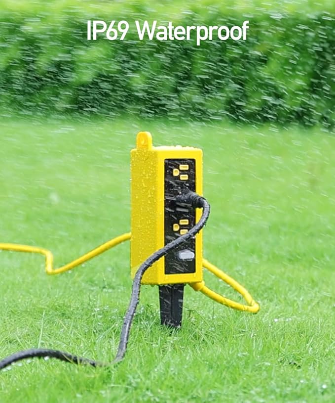 Outdoor Power Strip Weatherproof, ZZJ IP69 Grade Waterproof Surge Protector, 25 FT Outdoor Extension Cord with Stake, 6 AC Outlets,14 AWG Heavy Duty Cord for Outdoor Patio Garden-Yellow