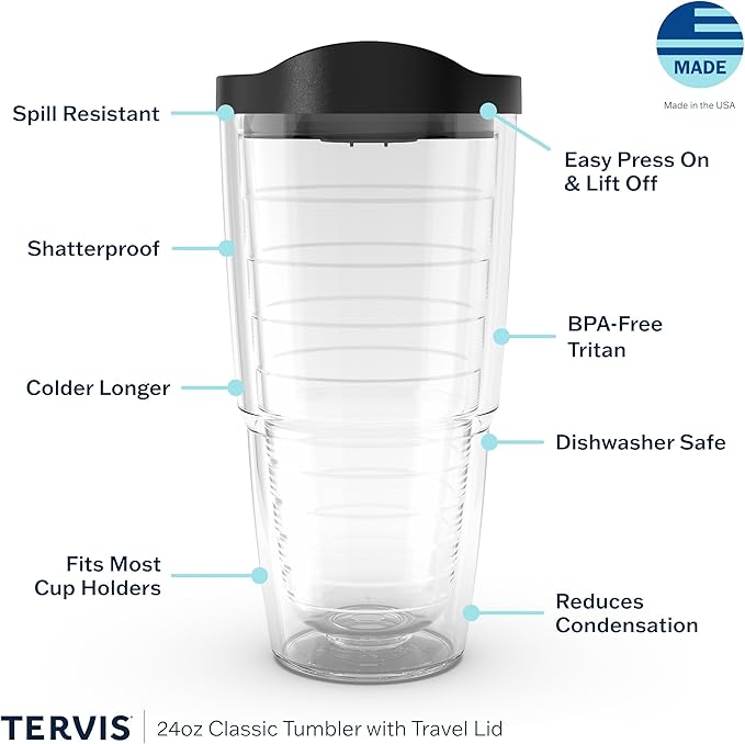 Tervis Clear & Colorful Lidded Made in USA Double Walled Insulated Tumbler Travel Cup Keeps Drinks Cold & Hot, 24oz, Brown Lid