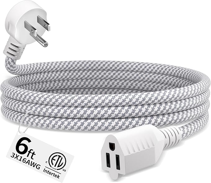 16 Gauge Braided Extension Cord 6 FT, 16/3 Flat Plug Power Cord Indoor, 3 Prong White Extension Cable Flexible for Home Dorm Room Essentials, 13A 125V 1625W, ETL Listed
