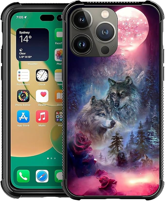 for iPhone 13 Pro Case, Star Two Wolfs Howling Pattern Graphic Design Girl Boy Soft Silicone Hard Acrylic Shock Protection for iPhone 13 Pro