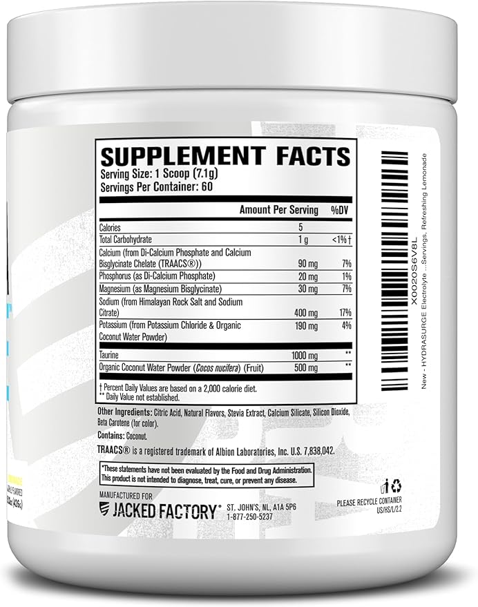 Jacked Factory HYDRASURGE Electrolyte Powder - Hydration Supplement w/Key Minerals, Himalayan Sea Salt, Coconut Water - Keto Friendly, Naturally Sweetened - 60 Servings, Refreshing Lemonade