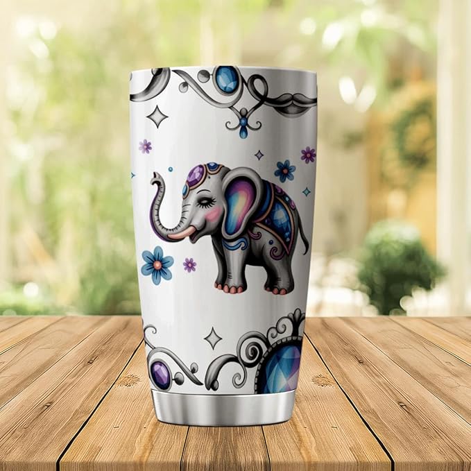 Cute Colorful Elephant With Floral Jewel Design Stainless Steel Tumbler For Lovers Women Gifts 20 Oz Heat Insulated Tea Hot Bottle Iced Coffee Outdoor Drink Travel Cool