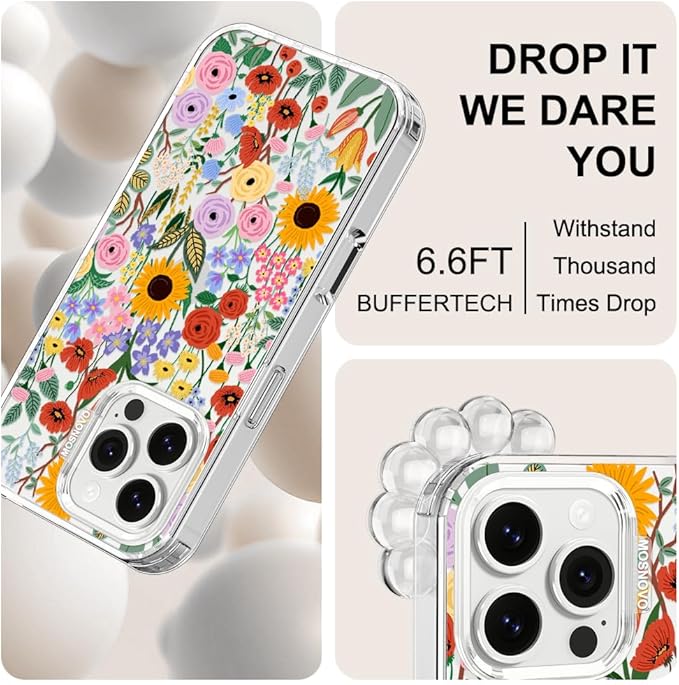 MOSNOVO Case for iPhone 16 Pro Max, [Buffertech 6.6ft Military-Grade Drop Protection] [Anti Peel Off Tech] Clear TPU Bumper Phone Case Cover Design - Blossom & Bloom