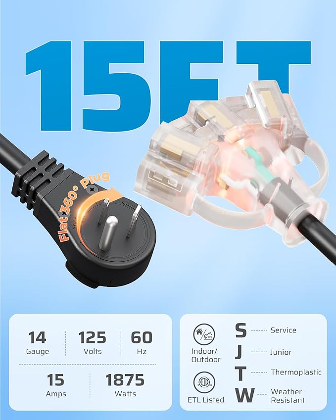 DEWENWILS 360° Rotating Flat Plug Extension Cord 15FT, 14/3 Gauge 3 Prong Grounded Power Cord, Lighted Triple Outlet Hook Design, 125V/15A/1875W, for Outdoor/Indoor, Black, ETL Listed