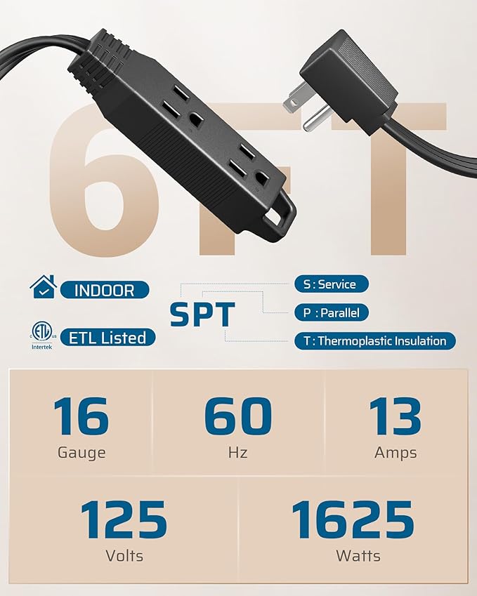 DEWENWILS 6FT Flat Plug Extension Cord 3 Prong Ultra Thin Power Strip, 13A/125V/1625W, 16/3 Awg Grounded Flat Power Cable for Indoor Narrow Space, SPT-3 Cord, ETL Listed, Black, 2 Pack