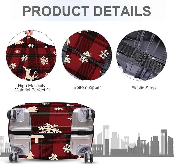 ANNA QUEEN Christmas Plaid Luggage Cover, Red and Black Check Suitcase Protector with Snowflake and Tree Pattern, Stretchable Washable Travel Sleeve for 20-22 Inch Luggage