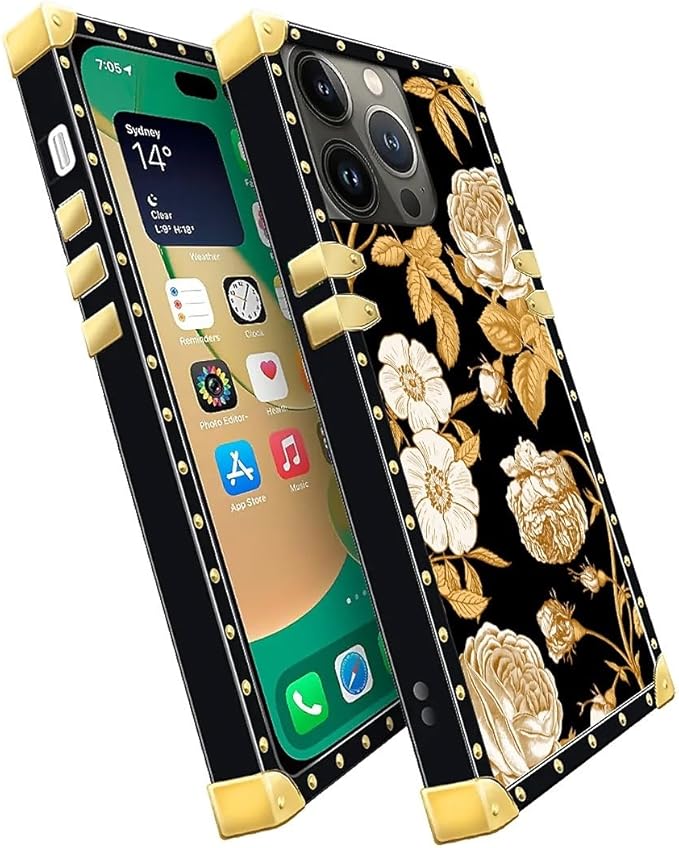 Compatible with iPhone 14 Pro Case, Blooming Rose Golden Flower Luxury Golden Decoration for Girl Women Soft TPU Shockproof Protective Hard PC Back for iPhone 14 Pro