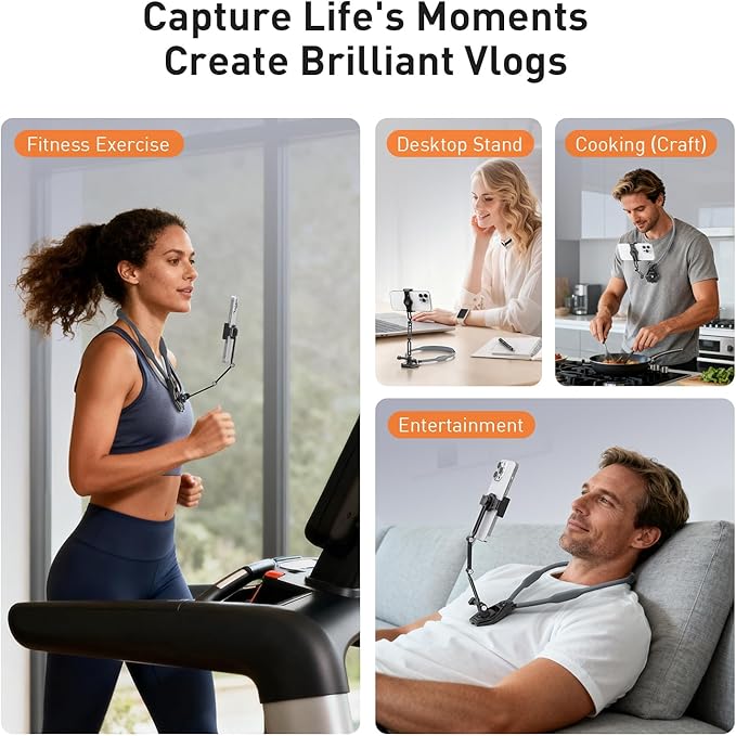 AMAZEAR Hands-Free Neck Mount for Phone & Action Camera - Adjustable Neckband Holder for iPhone, Android, POV Vlog Recording with Secure QR Magnetic Base, Elastic Anti-Shake Chest Strap