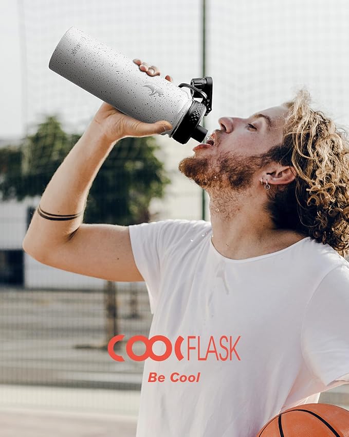 Coolflask Water Bottle 24 oz Insulated with Straw, Stainless Steel Metal 3 Lids Water Flask Wide Mouth for Sports or Office, Non-BPA Keep Cold Up to 48 Hrs or Hot Up to 24 Hrs, Arctic White