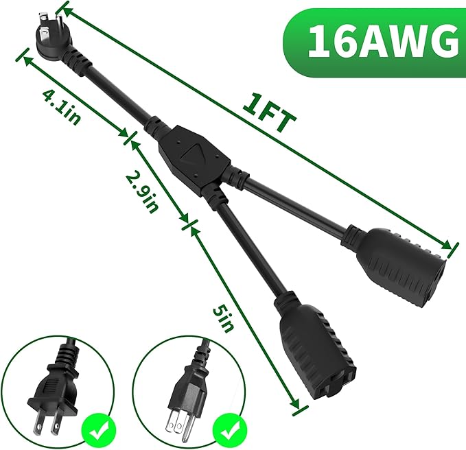Elecan 3-Prong Y Splitter Power Extension Cord 1 FT, 45-Degree Angled Flat Plug 1 to 2 Way Outlet Space Saver, Heavy Duty Weatherproof SJTW, 16AWG 13A, 5-15P Cable Extender for Indoor Outdoor-ETL